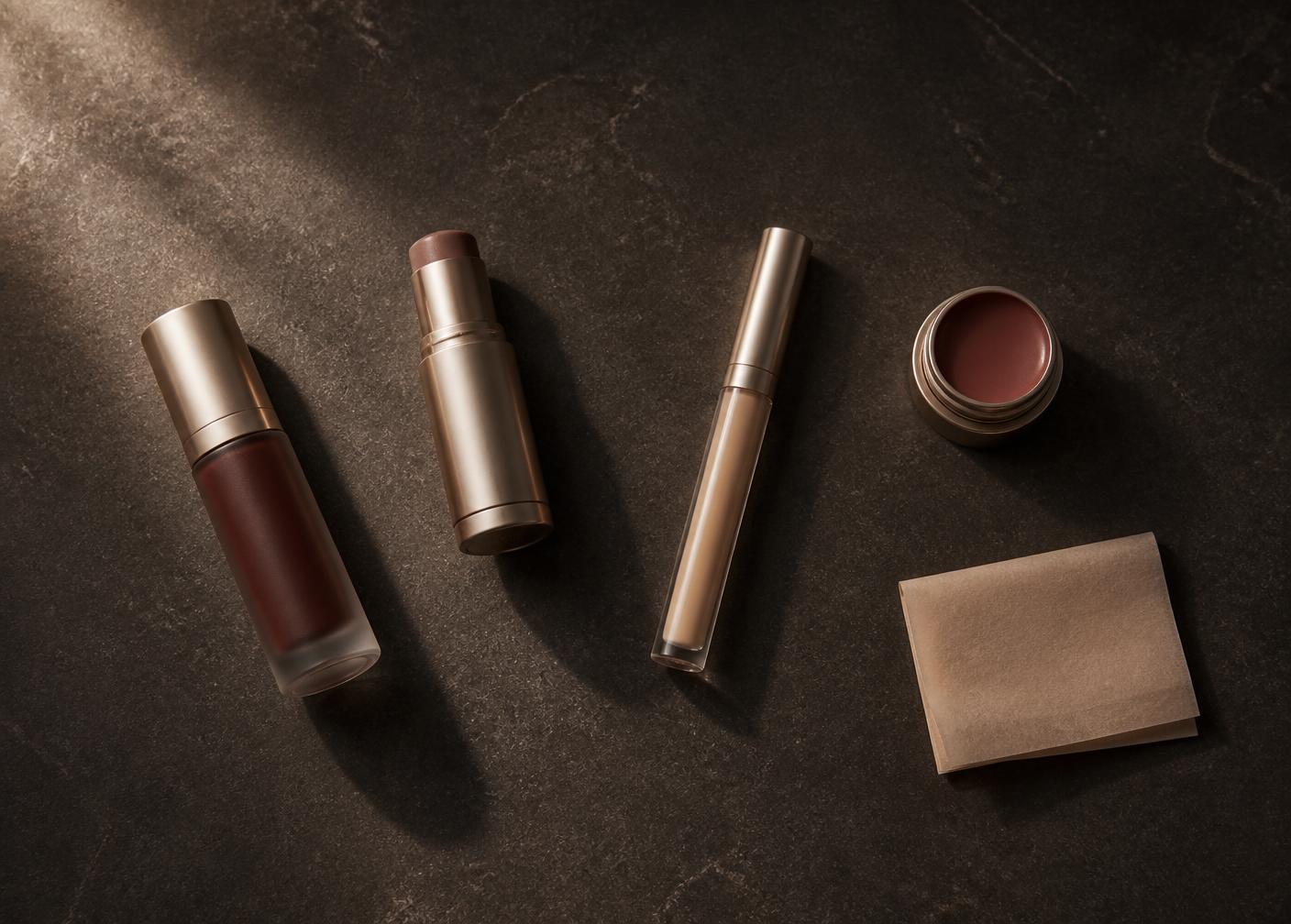 Five-object makeup capsule on dark stone